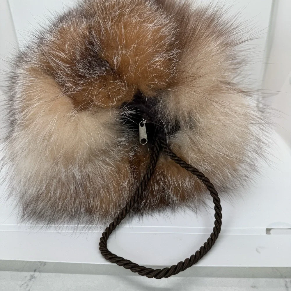 Fur Womens Hand Muff Hand Warmer Braided Wrist Strap Inside Zippered Pocket